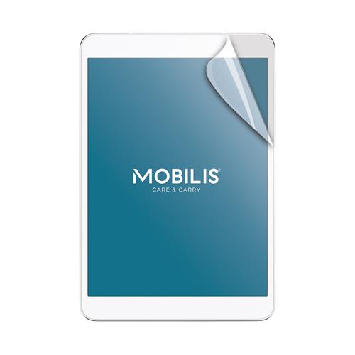 Clear screen protector for Apple tablet by Mobilis, featuring a glossy finish and a protective film partially peeled back, showcasing the brand logo on a blue background.