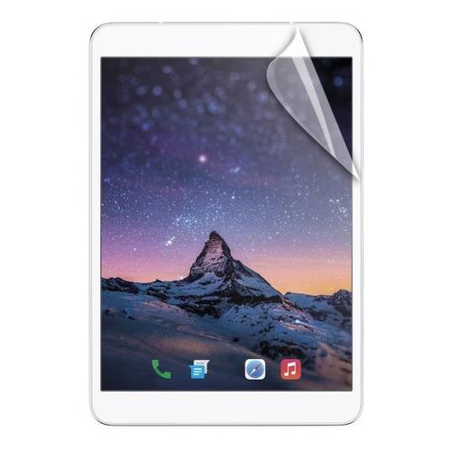 Clear screen protector for Samsung tablets, featuring a glossy finish and a slight peel on one corner, showcasing a vibrant mountain landscape background on the tablet screen.