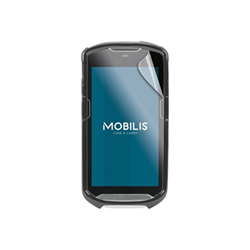 Clear screen protector applied to a handheld mobile computer accessory, featuring a black rugged case and the "Mobilis" logo prominently displayed on the screen.