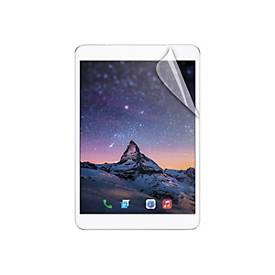 Clear screen protector for Samsung tablets, featuring a glossy finish and a slight peel at the corner, designed to safeguard the device's display from scratches and smudges.