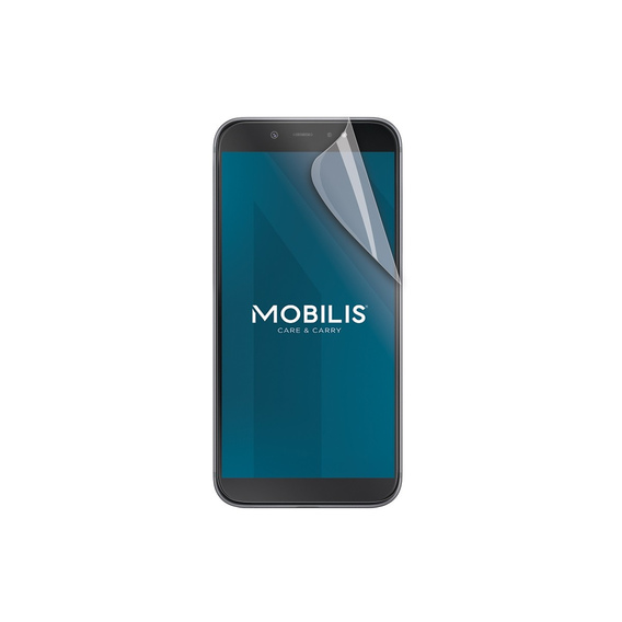 Clear screen protector for mobile phones by Mobilis, featuring a glossy finish and precise cutouts, designed to safeguard screens while maintaining visibility and touch sensitivity.