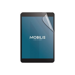 Clear screen protector for Samsung tablets, featuring a glossy finish and a slight peel at one corner, with "Mobilis Care & Carry" logo prominently displayed.