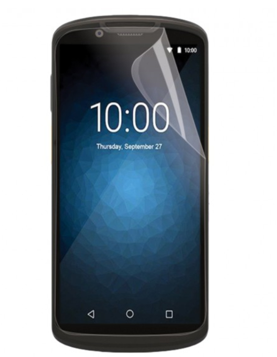 Clear screen protector for mobile phones, featuring a sleek design that adheres to the screen, showcasing a blue geometric background with the time displayed at 10:00.