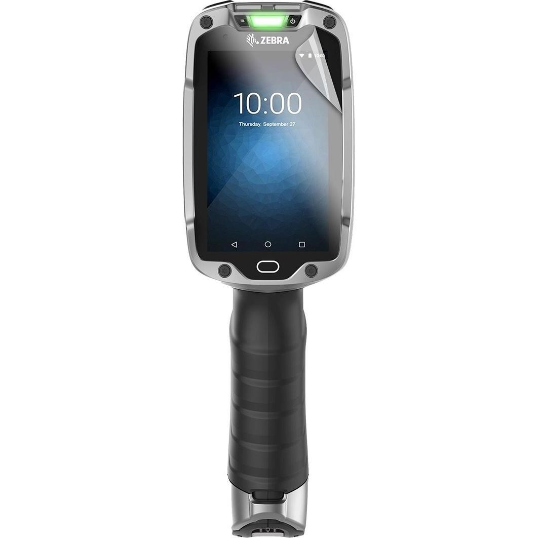 Clear screen protector for a handheld mobile computer, featuring a sleek design with a black grip and a prominent display showing the time and date.
