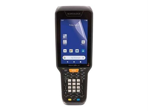 Clear screen protector for a handheld mobile computer accessory, featuring a black body, numeric keypad, and a display showing a blue interface with app icons.