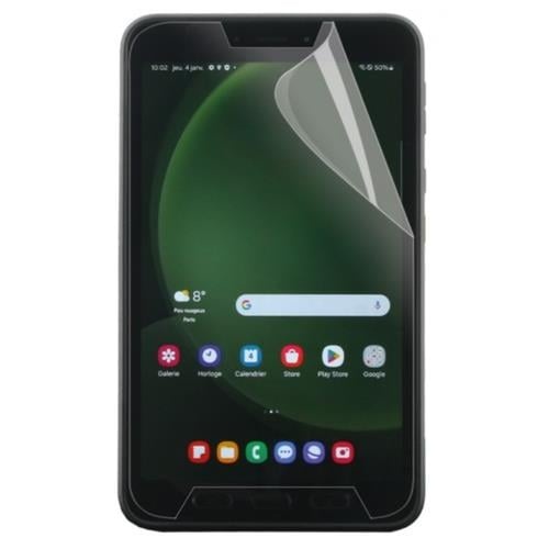 Clear anti-shock screen protector for Galaxy Tab, featuring a curved edge design and a glossy finish, showcasing the device's display with app icons visible.