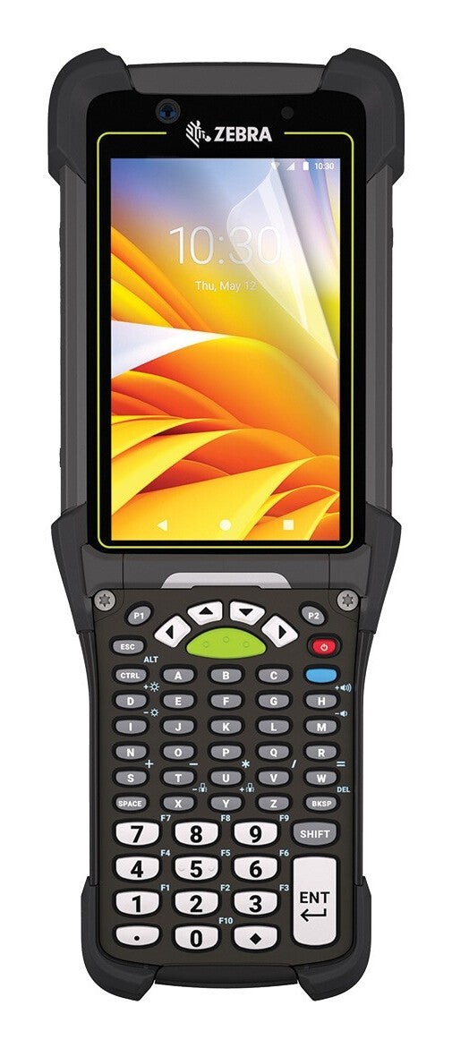 Handheld mobile computer accessory screen protector for a Zebra device, featuring a clear, durable material, designed to fit snugly over the screen while maintaining visibility and usability.