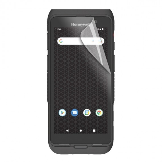 Clear screen protector applied to a black handheld mobile computer, featuring a geometric pattern background and visible app icons on the display.