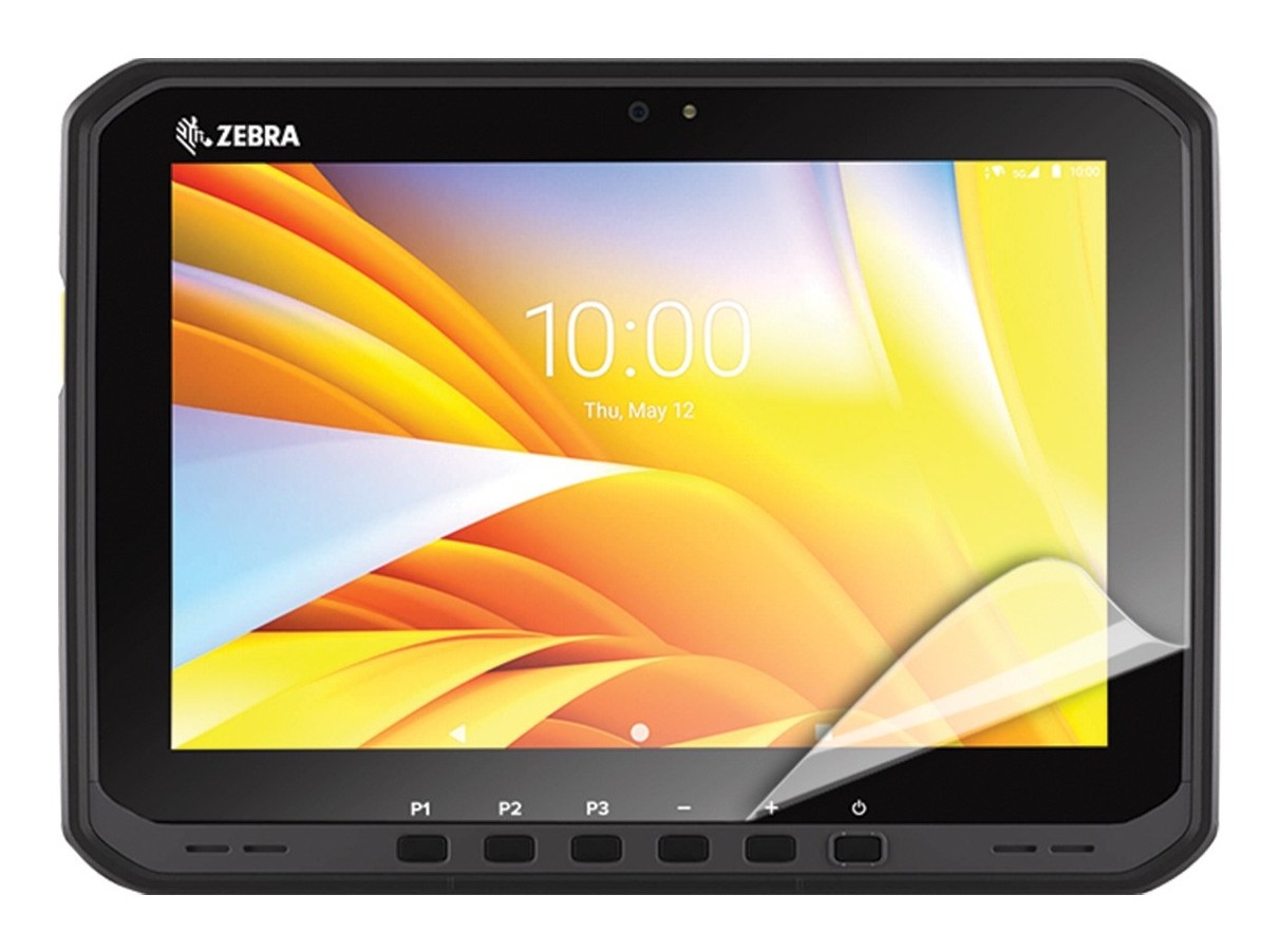 Clear screen protector for Zebra tablet, featuring a glossy finish and precise cutouts for buttons, designed to enhance visibility and protect the screen from scratches.