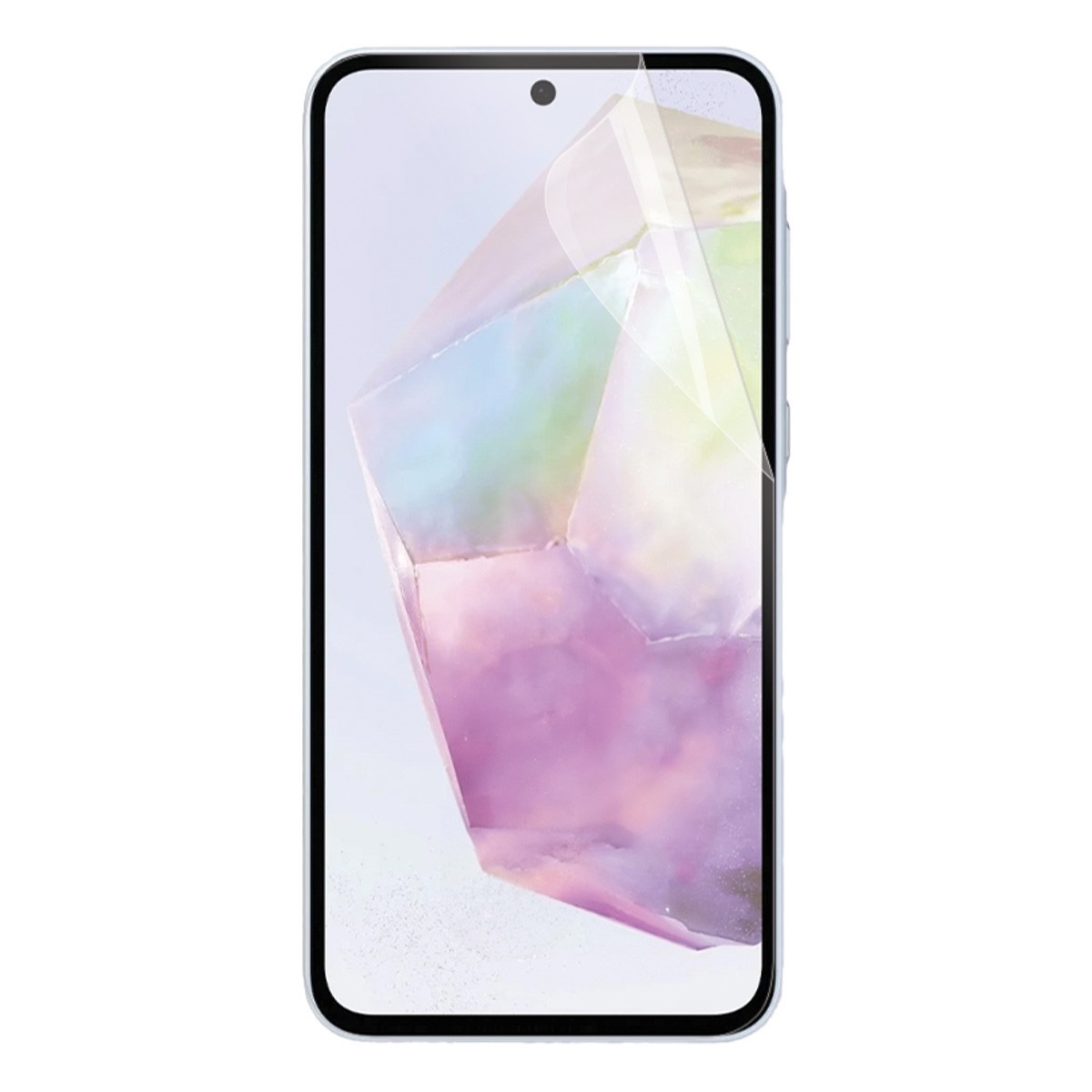 Clear mobile phone screen protector by Mobilis, designed for full coverage with a glossy finish, showcasing a colorful geometric background.