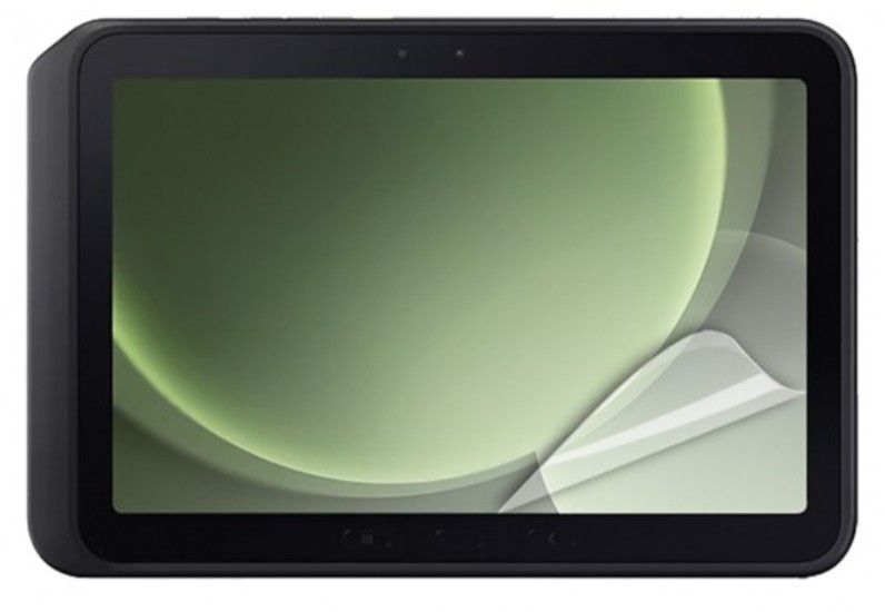 Clear screen protector designed for Samsung tablets, featuring a glossy finish and precise cutouts for front camera and sensors, ensuring optimal visibility and protection.