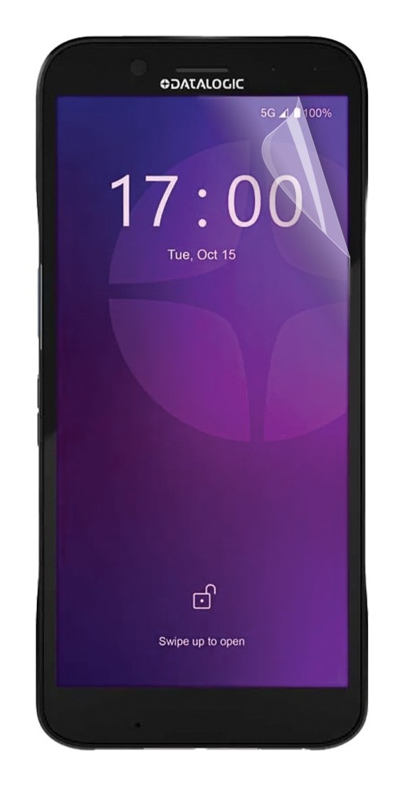 Mobilis 036350 screen protector displayed on a black handheld mobile computer, featuring a vibrant purple background with a digital clock and swipe prompt on the screen.