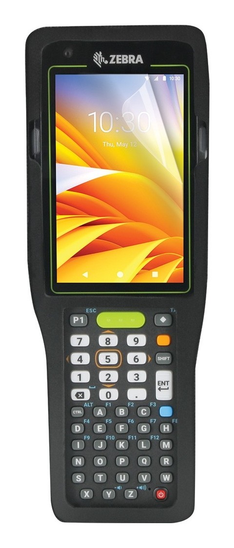 Handheld mobile computer accessory with a black protective case, featuring a large touchscreen display and a numeric keypad with colored buttons.