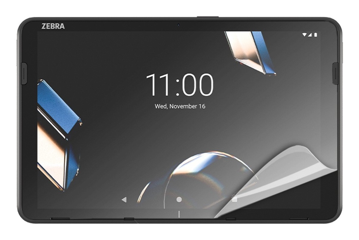 Clear screen protector for a tablet, featuring a glossy finish, designed specifically for the Zebra 1 model, showcasing a partially peeled edge.