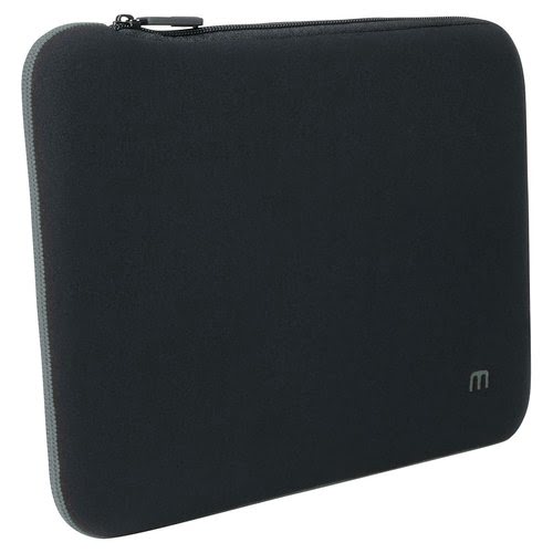 Black neoprene laptop case with a smooth texture, designed for 14-16 inch laptops, featuring a grey zipper and a subtle Mobilis logo on the front.