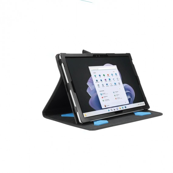 Black protective case for Surface Pro 9 & 8, featuring a foldable design, blue accents, and a sturdy stand for versatile viewing angles.