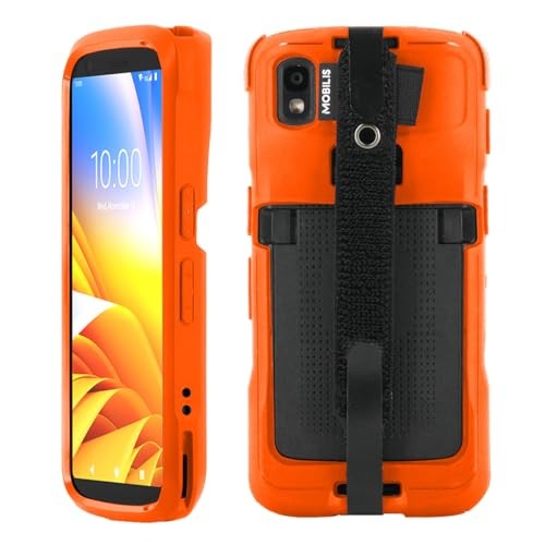 Bright orange handheld mobile computer case with a textured black back, featuring cutouts for buttons and ports, and a secure strap for easy handling.
