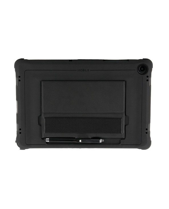 Black tablet holder designed for the Galaxy Tab A9+, featuring a textured back, a pen holder, and a secure slot for the tablet, made from durable materials.