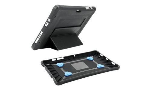 Black Mobilis tablet case for 10.5" devices, featuring a durable material, textured grip, and a built-in stand for adjustable viewing angles.