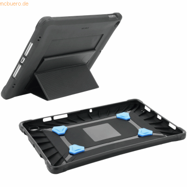 Black Mobilis tablet case for 10.9" devices, featuring a sturdy design with a kickstand and blue corner grips for secure device placement.