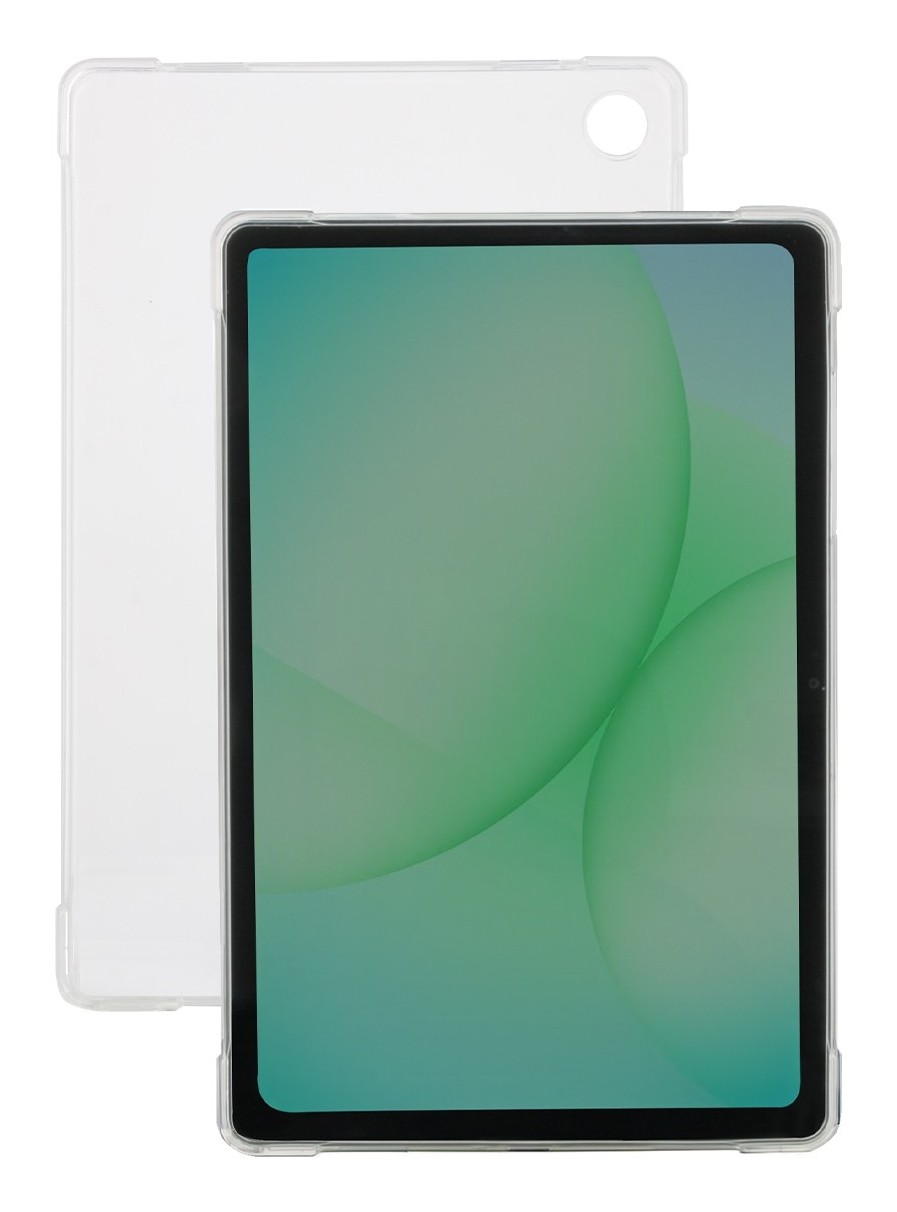 Transparent tablet case for 11" devices, featuring a slim design with rounded edges and precise cutouts for buttons and ports, showcasing a green-tinted screen background.