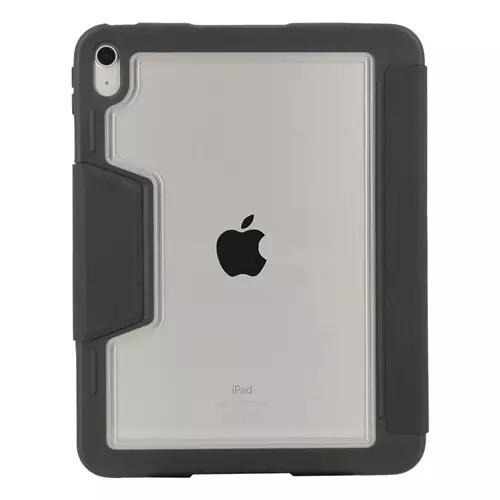 Black flip case for a tablet, featuring a transparent back, textured side grip, and cutout for the camera, designed for 27.9 cm (11") devices.