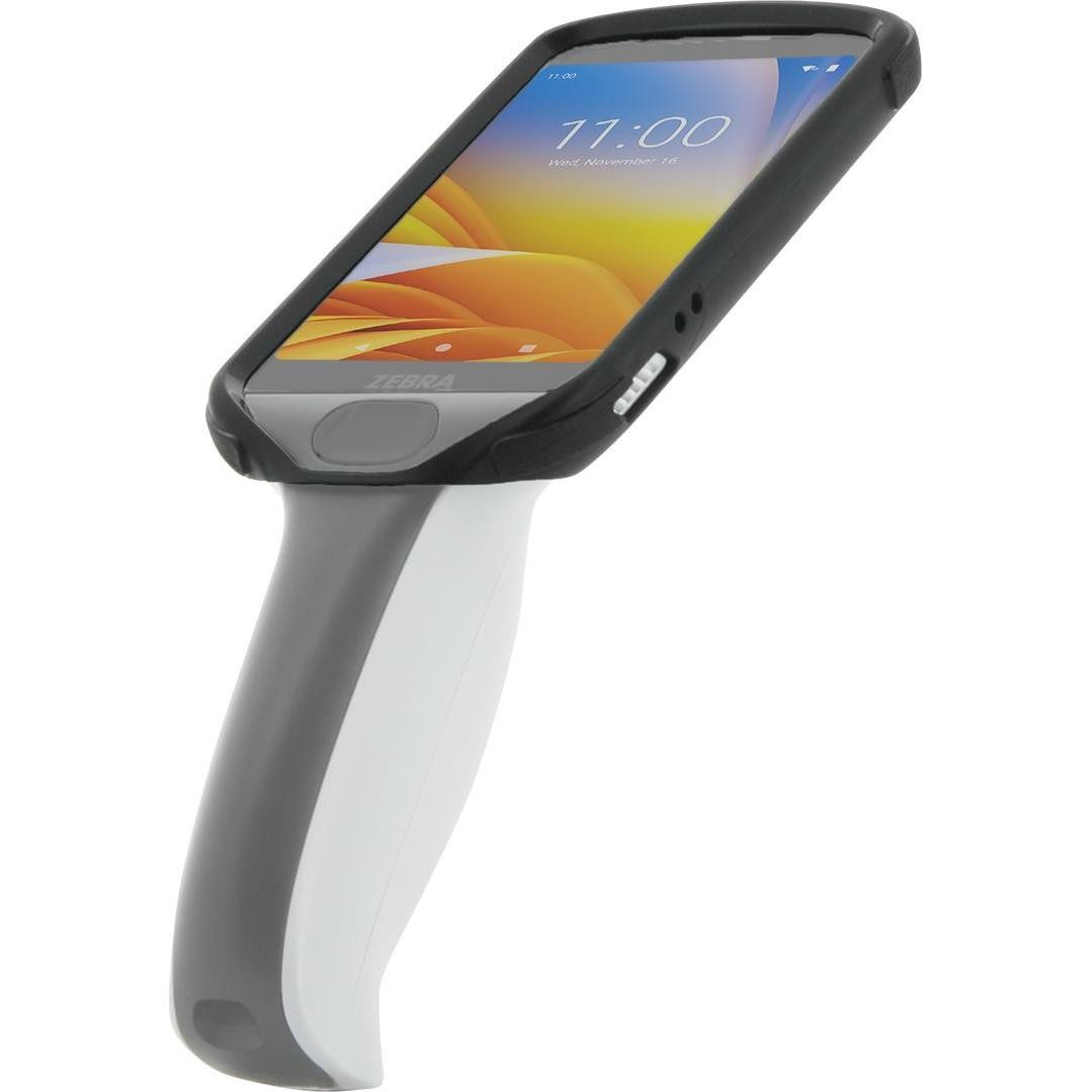 Handheld mobile computer case with a black and gray ergonomic grip, designed for protection, featuring a transparent front for screen visibility and a button on the side.