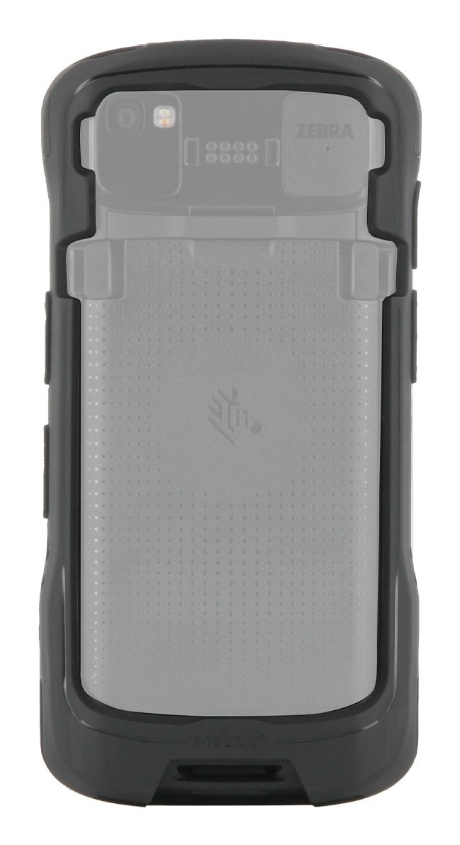 Handheld mobile computer case in black and gray, featuring a rugged design with textured grip, cutouts for camera and ports, and a secure fit for protection.