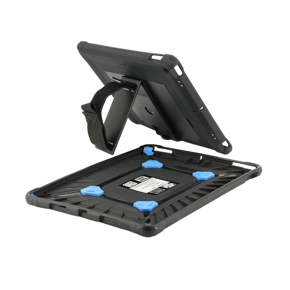 Black Mobilis 067004 tablet case with a sturdy design, featuring blue silicone corner grips, a built-in stand, and a textured back for enhanced grip.