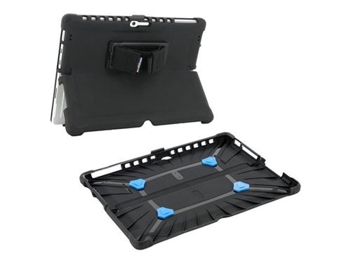 Black Mobilis 067011 tablet case for 13" devices, featuring a durable bumper design, adjustable stand, and blue accent clips for secure placement.
