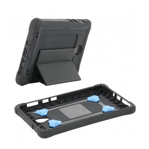 Black Mobilis 067014 PROTECH case with a 360° rotating handstrap and kickstand, featuring blue accents and a durable, rugged design for device protection.