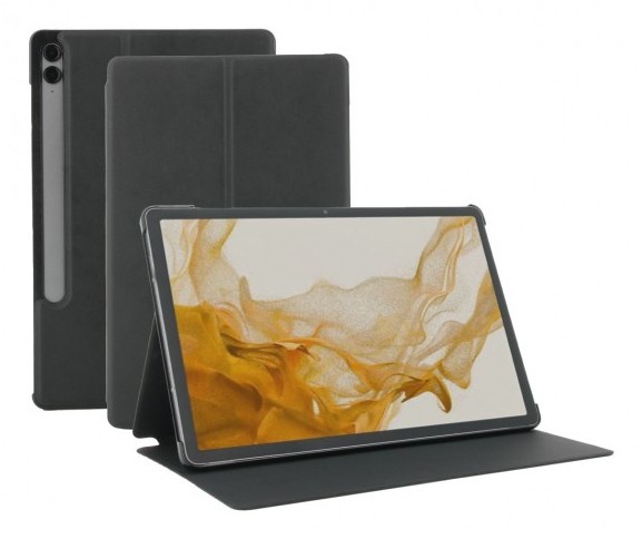 Black folio tablet case by Mobilis, designed for 12.4" devices, featuring a sleek, matte finish and a stand function for hands-free use.