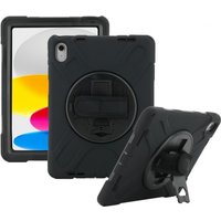 Black Mobilis 11" tablet case with rugged design, rotating hand strap, and built-in stand, showing front and back.