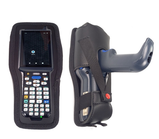Mobilis Activ + features a black protective case with a touchscreen display, a numeric keypad, and a handheld scanner, designed for durability and ease of use in various environments.