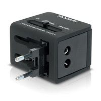 Black travel adaptor with multiple plug types, featuring a sliding switch for voltage selection, compact design, and two outlet ports for international use.