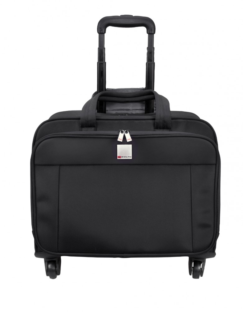Black Motion II 4 Wheel Laptop Trolley Case with dimensions W445xD230xH320mm, featuring a sturdy handle, smooth wheels, and a sleek, durable fabric exterior.