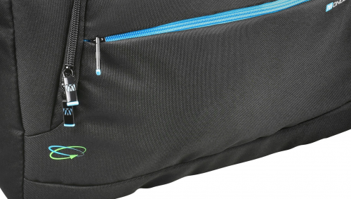 Black laptop briefcase with a textured finish, featuring a bright blue zipper and logo, designed for 17.2-inch laptops, showcasing a sleek and professional appearance.