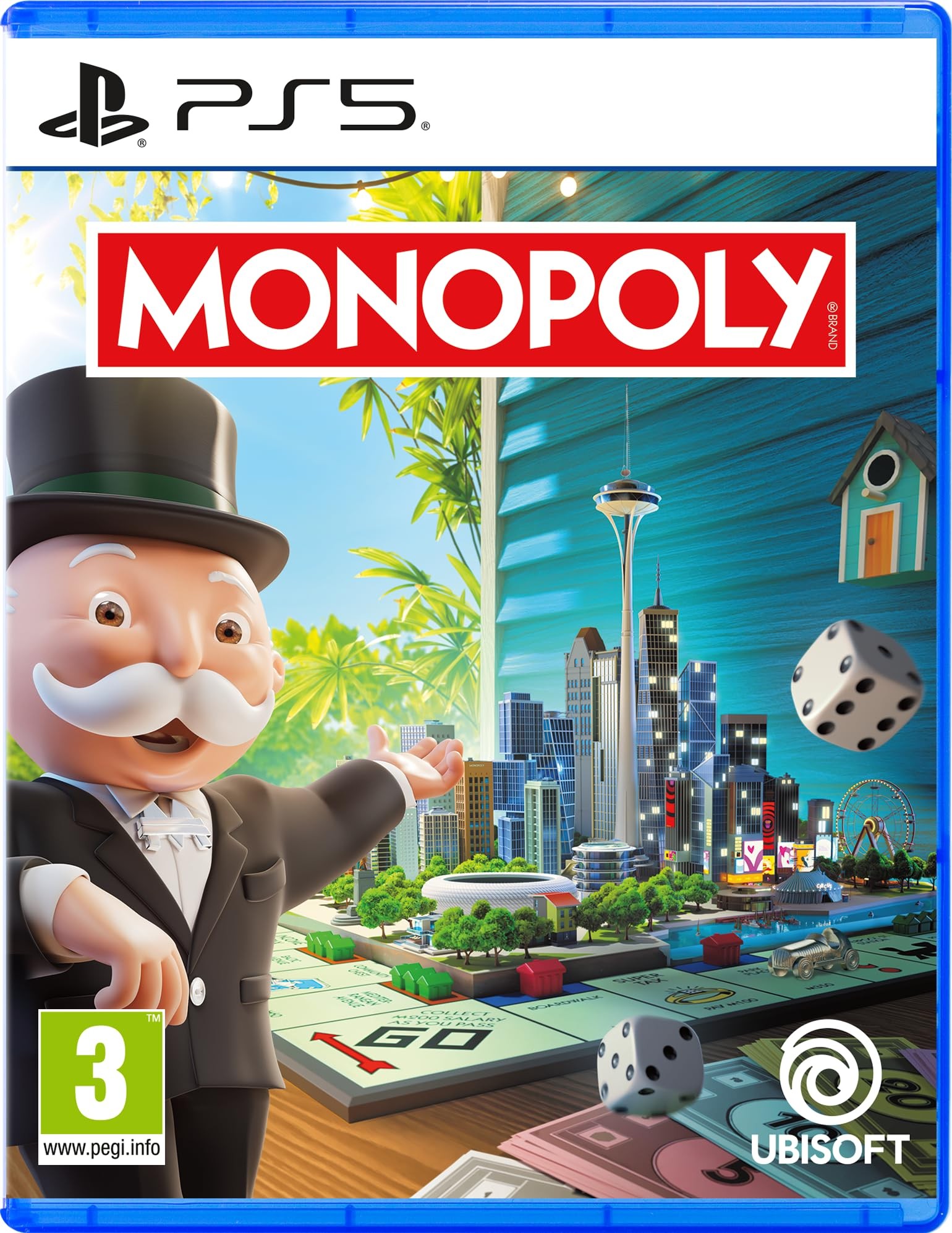 Monopoly game for PS5 features a colorful cover with the iconic character in a tuxedo, city skyline, and dice, set against a vibrant green background, published by Ubisoft.