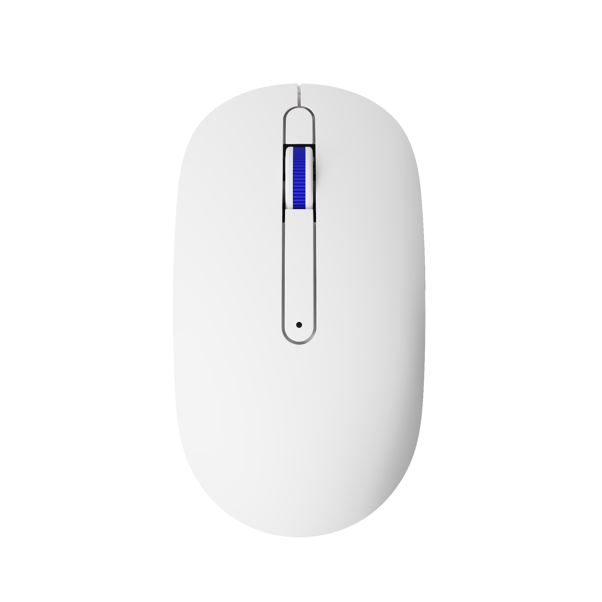 White wireless mouse with a sleek design, featuring a blue scroll wheel and a minimalist aesthetic, suitable for both office and gaming use.