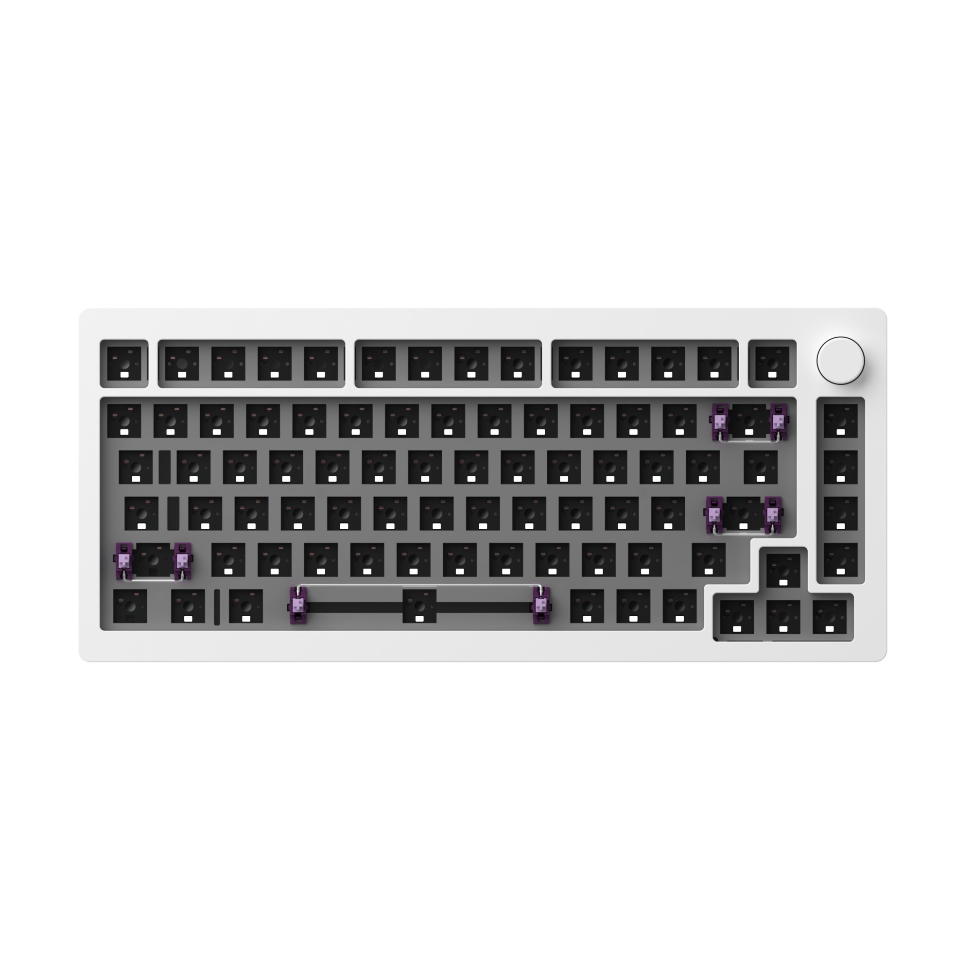 MonsGeek M1 DIY Kit features a white plastic keyboard case with black key switches and a compact layout, showcasing customizable key positions and a sleek design.