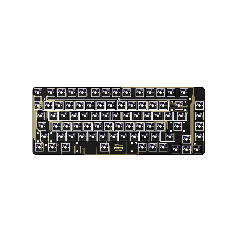 Black PCBA keyboard with gold circuit traces, featuring a compact layout and mechanical switch cutouts, designed for customization and flexibility.