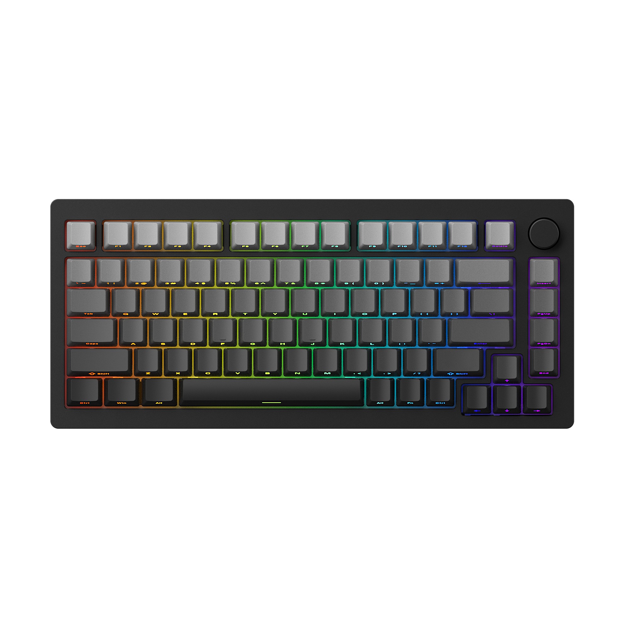 Compact black mechanical keyboard with customizable RGB backlighting, featuring a sleek design, rounded keycaps, and a volume knob on the right side.