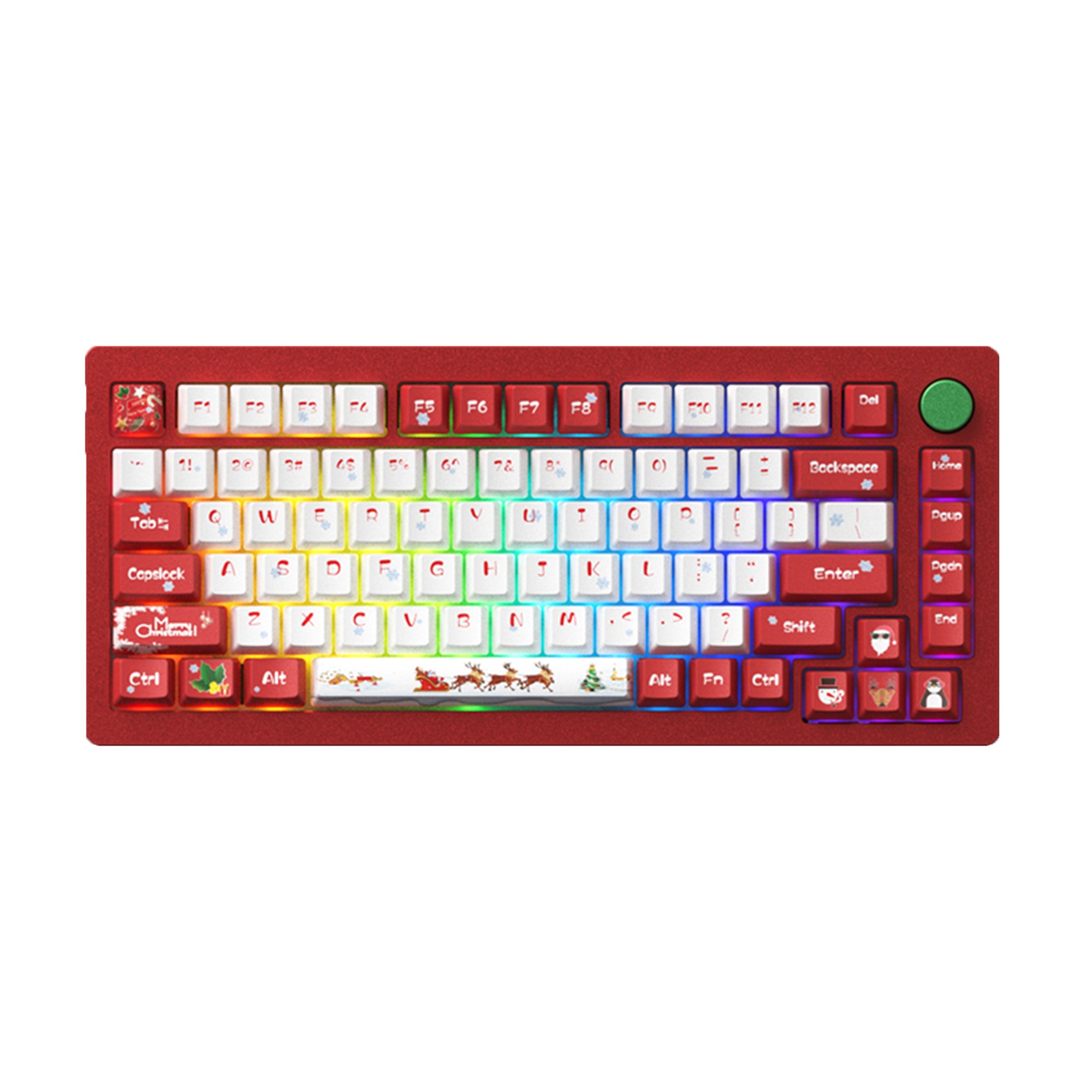 Red mechanical keyboard featuring festive keycap designs with Santa and snowmen, RGB backlighting, and a green volume knob.