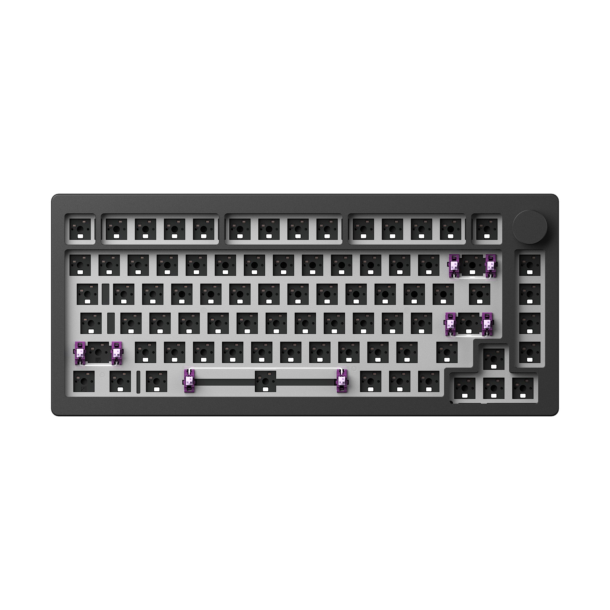 MonsGeek M1 V3 DIY Kit features a black plastic keyboard base with customizable key switches, including purple switches, and a sleek, minimalist layout.