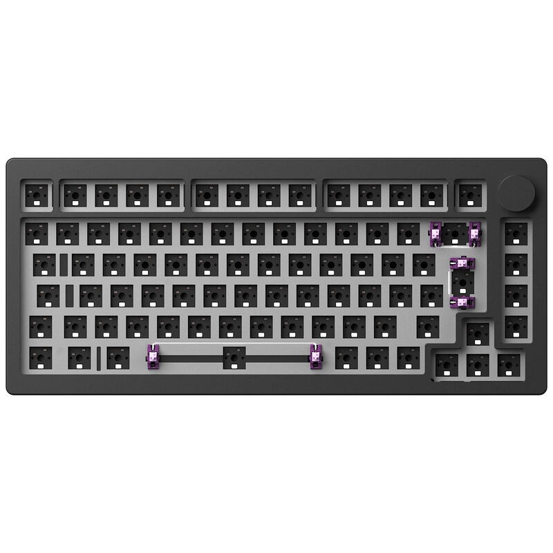 MonsGeek M1 V3 QMK DIY Kit features a black plastic keyboard base with a compact layout, visible key switch slots, and purple stabilizers, designed for customizable mechanical keyboard builds.