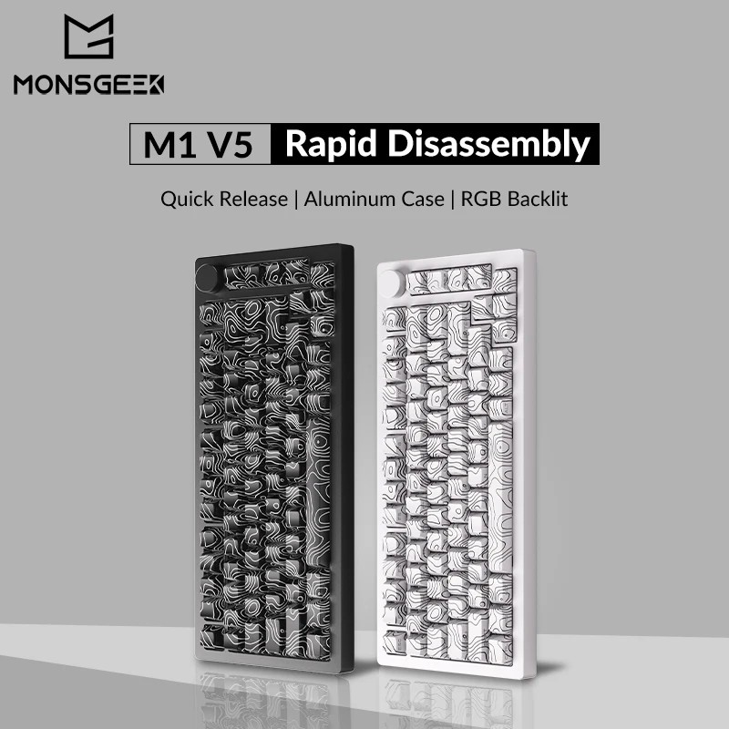 MonsGeek M1 V5 mechanical keyboard features a sleek aluminum case, 82 keys with a unique swirl design, rapid disassembly, and customizable RGB backlighting.