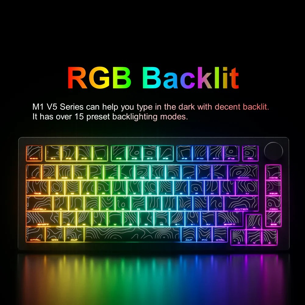 MonsGeek M1 V5 keyboard featuring vibrant RGB backlighting with contour line designs on keys, showcasing a sleek black frame and multiple preset lighting modes.