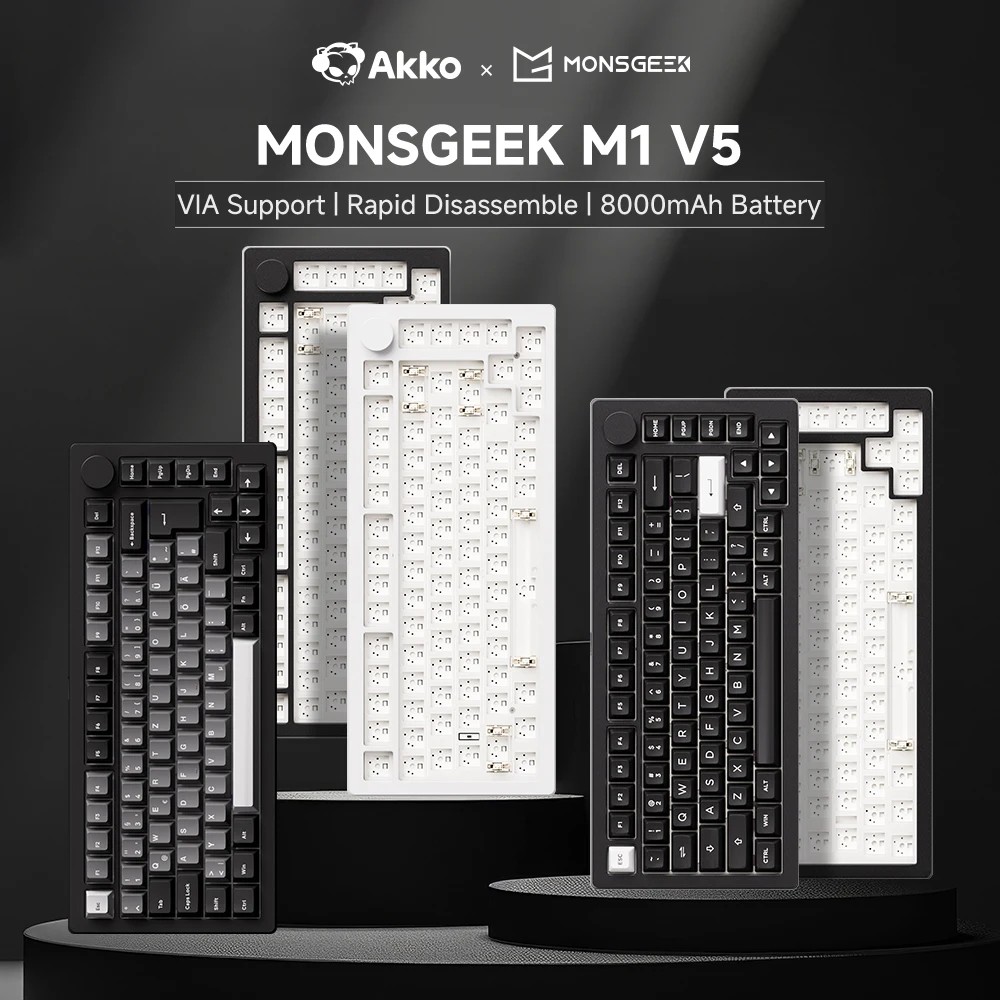 MonsGeek M1 V5 VIA US Series Mechanical Keyboard in black and white, featuring customizable keys, a sleek design, rapid disassembly, and an 8000mAh battery for extended use.