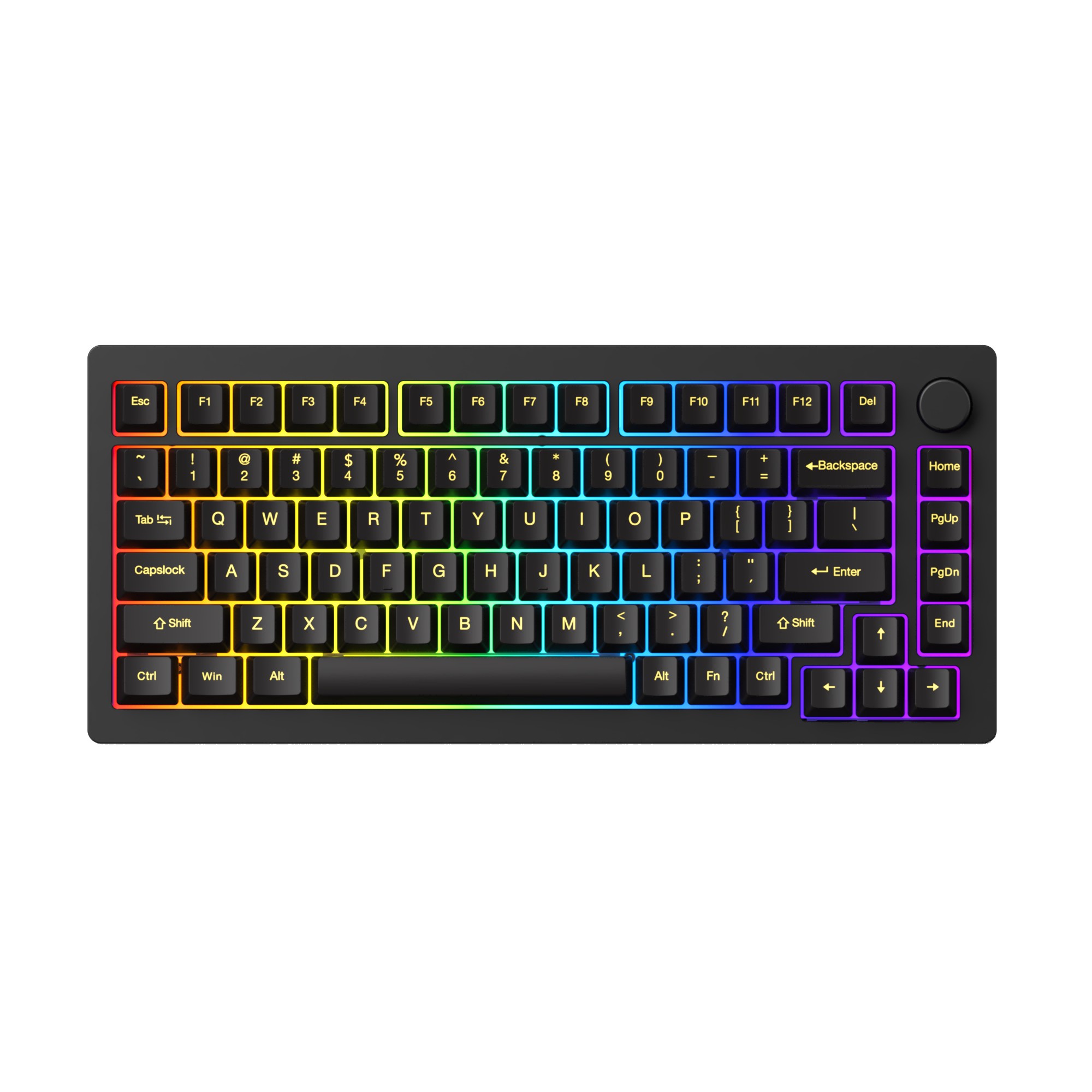 Compact black keyboard featuring customizable RGB backlighting, a sleek design, and a volume knob, with a layout that includes function keys and a dedicated home button.