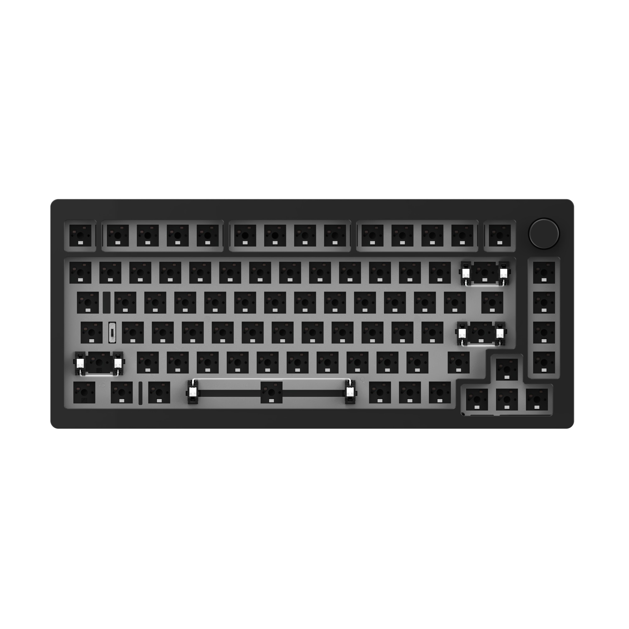 Black mechanical keyboard with a compact layout, featuring customizable keys, a sturdy plastic frame, and a single round knob on the top right corner for volume control.